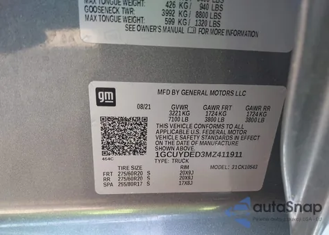 2021 Chevrolet Silverado 1500 4Wd Short Bed Lt z USA, uszkodzony, nr VIN 1GCUYDED3MZ411911